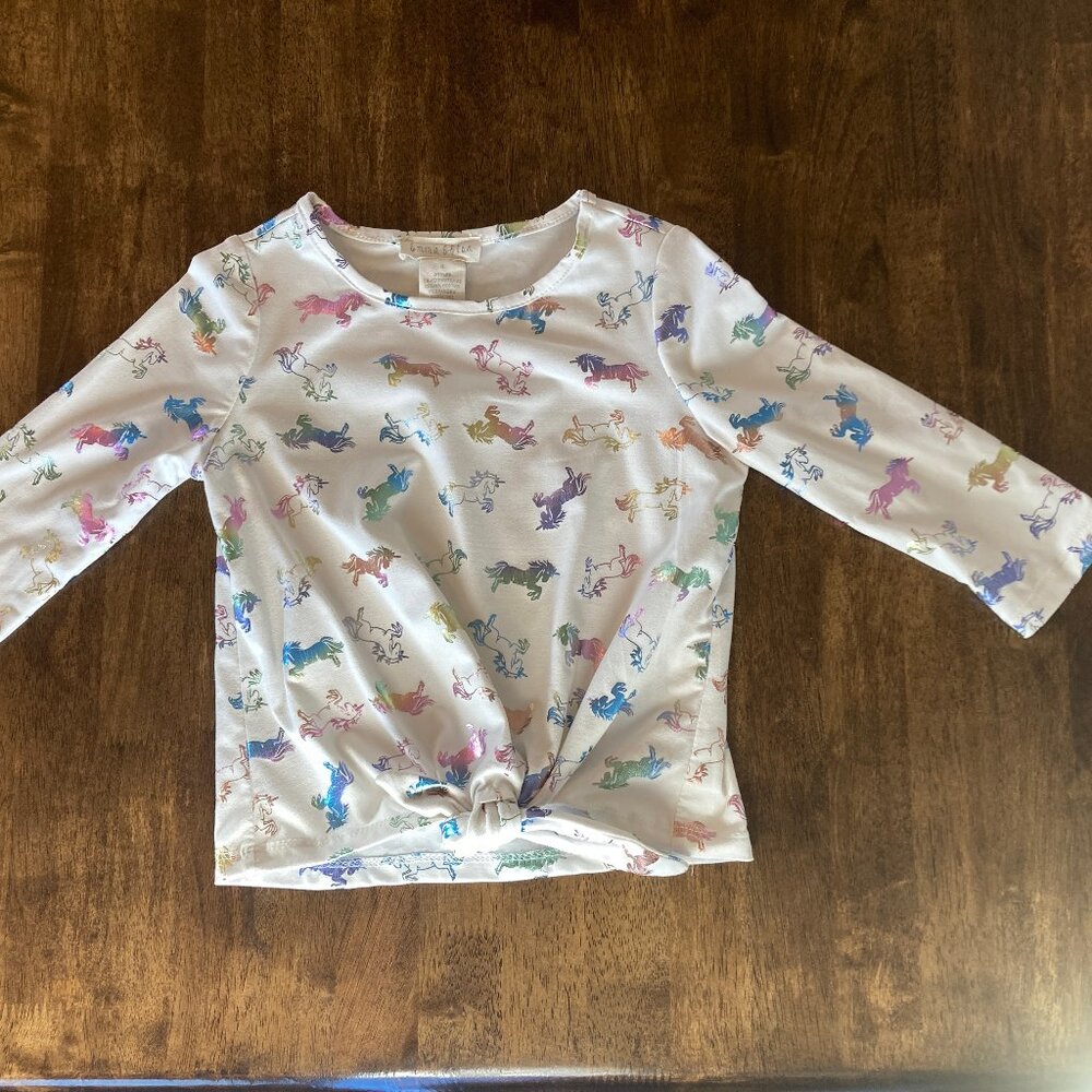 Girls Emma & Elsa Long Sleeve Tie Front Unicorn Shirt Size 4 EUC!